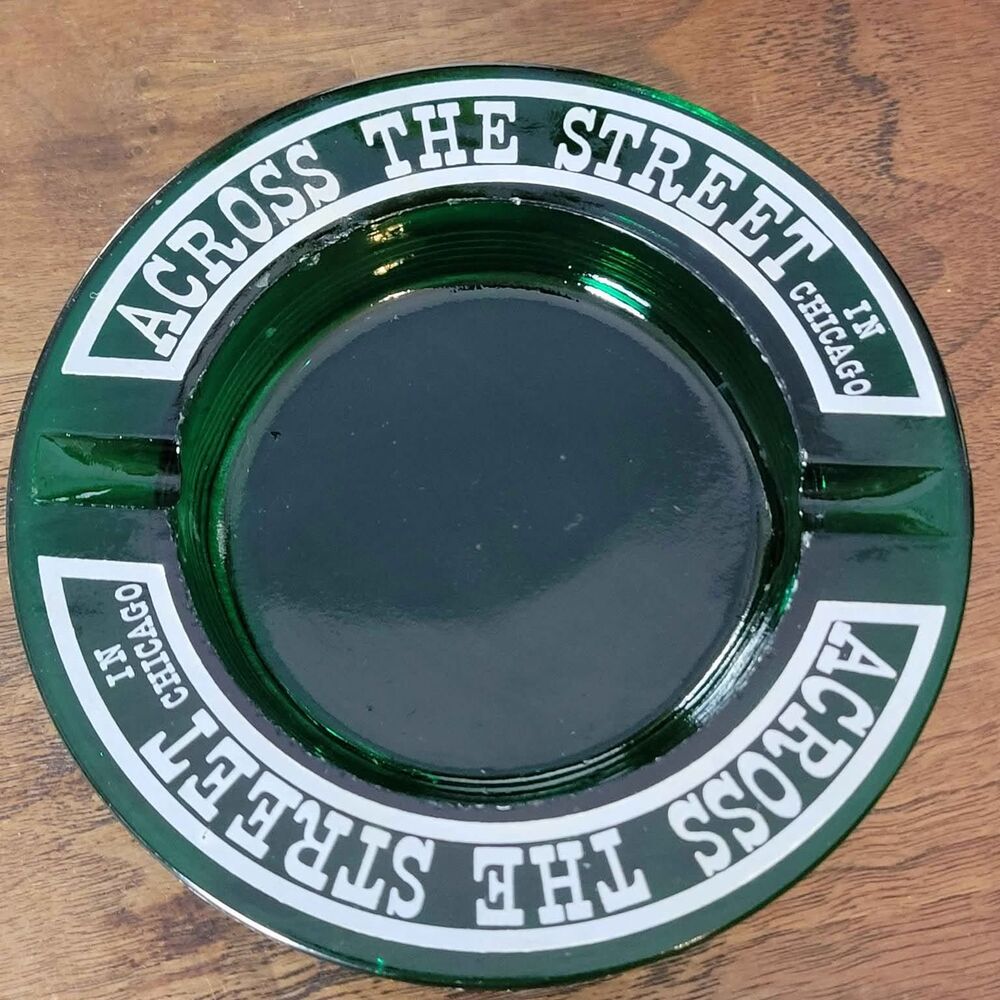 RARE Vintage Green Glass Ashtray Across The Street in Chicago READ DESCRIPTION
